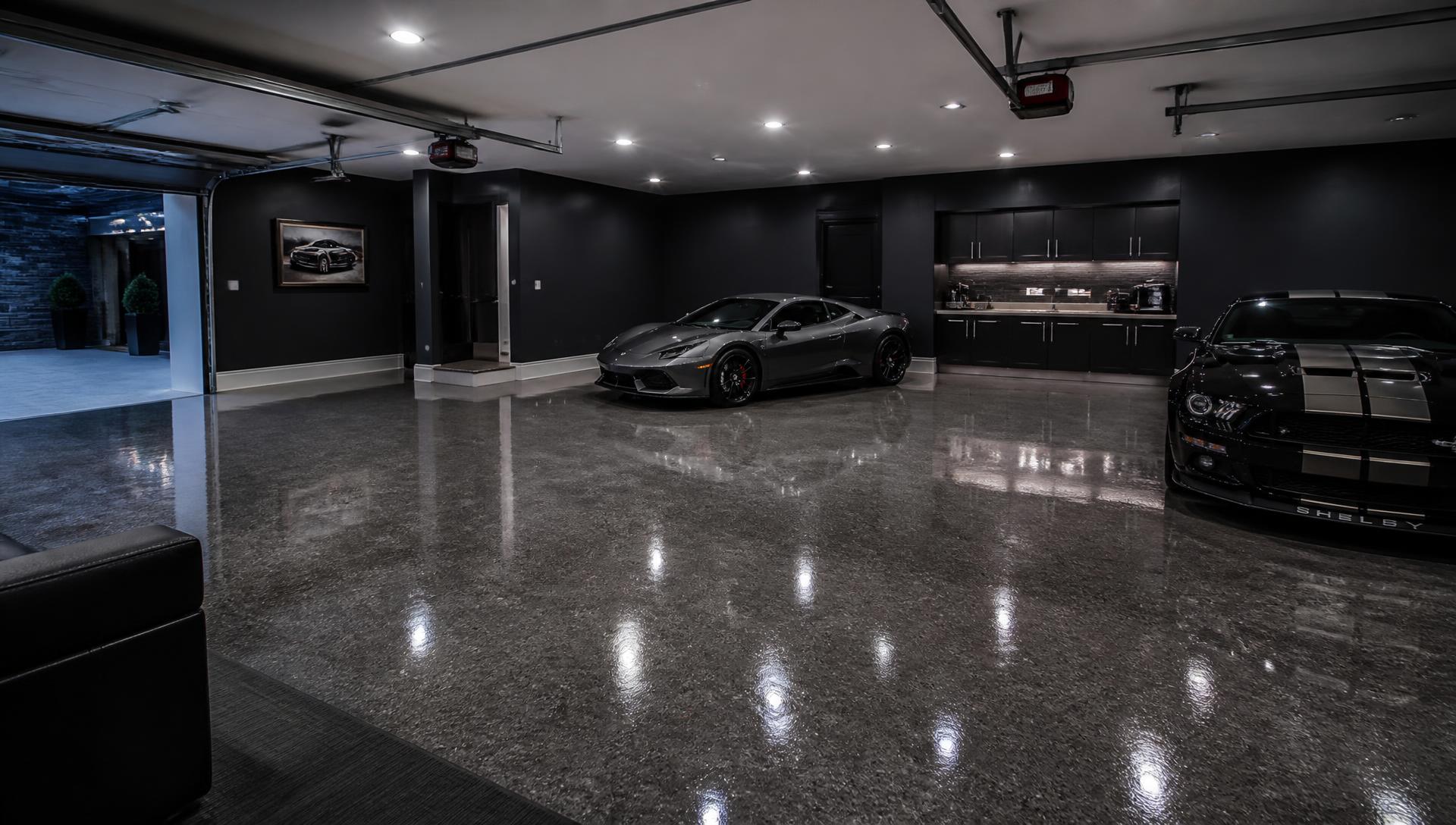 Luxury garage with a high-gloss metallic concrete coating
